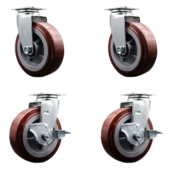 6 Inch Poly on Polyolefin Swivel Caster Set with Roller Bearings 2 Brakes SCC
